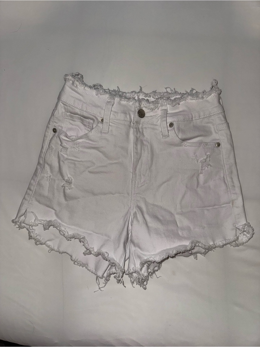 Risen High-Rise White Distressed Frayed Hem Denim Shorts